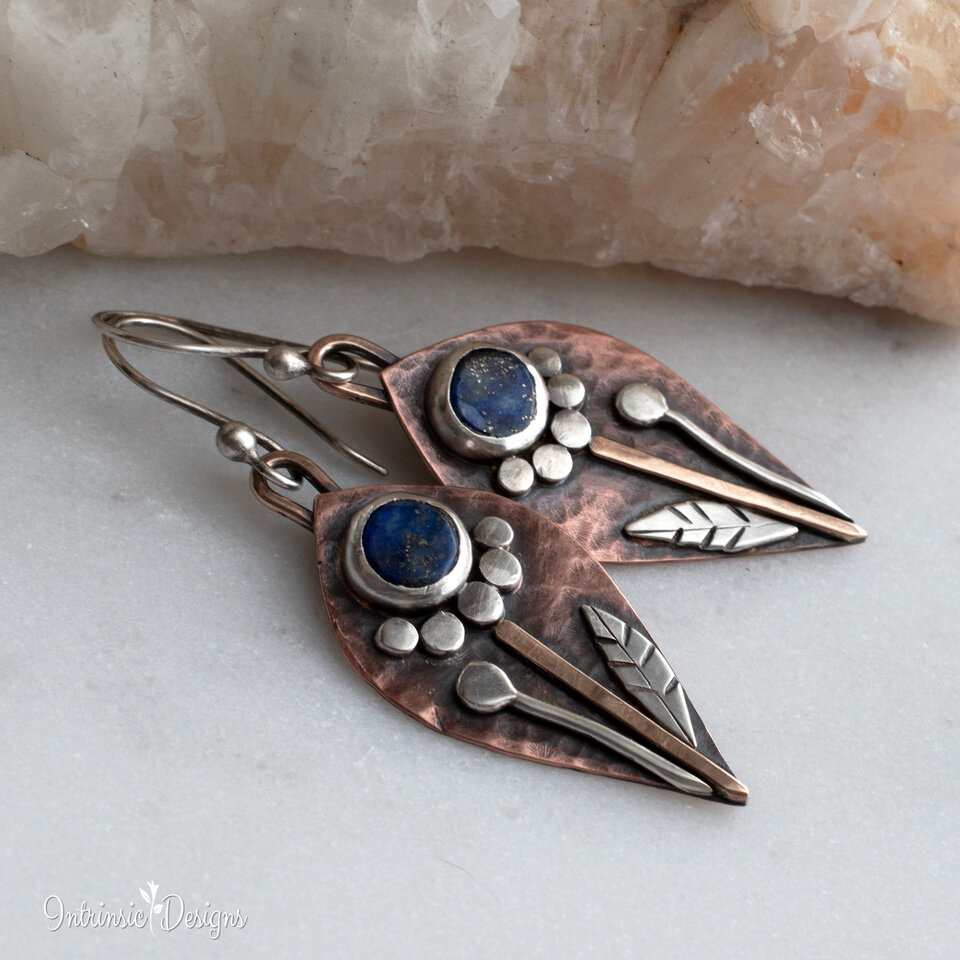 LAPIS LAZULI DANGLE FLORAL EARRINGS IN COPPER, STERLING SILVER AND BRONZE WITH STERLING SILVER EAR WIRES