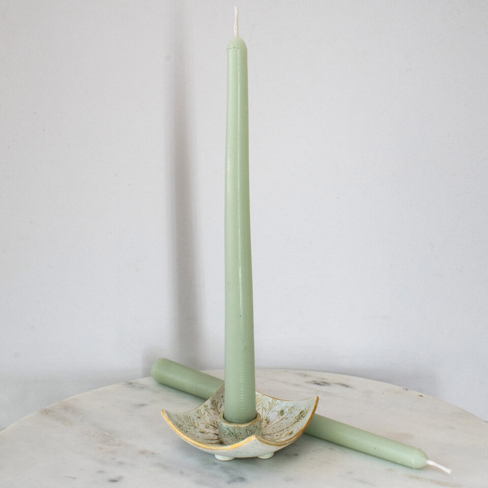 BEESWAX TAPER CANDLES WITH WILDFLOWER DISH IN MINTY SAGE GREEN