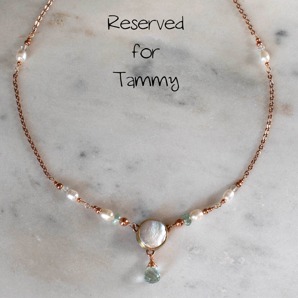 RESERVED FOR TAMMY....  FRESHWATER PEARL & AQUAMARINE PRINCESS NECKLACE IN MIXED METALS.