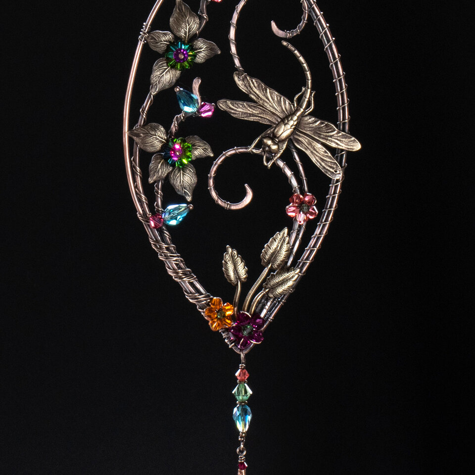 DRAGONFLY GARDEN SWAROVSKI CRYSTAL WINDOW SUNCATCHER IN MIXED METALS