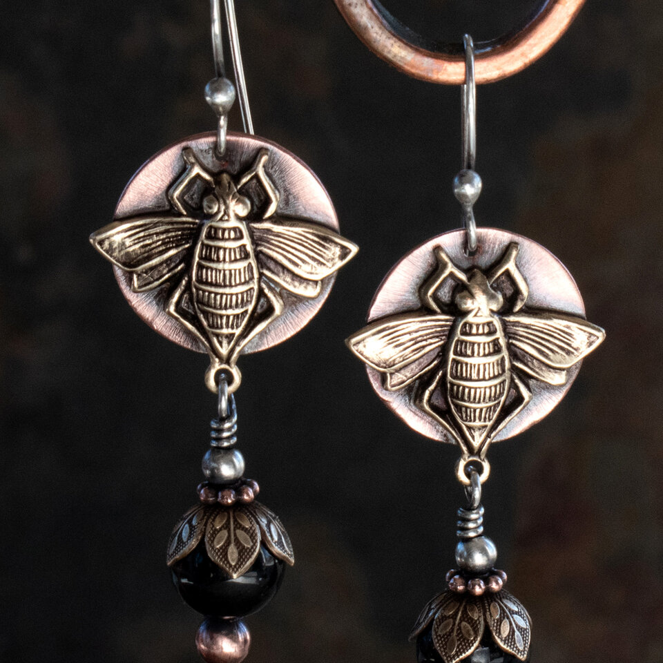 BEE AND BLACK HYPERSTHENE EARRINGS IN MIXED METALS WITH 935 ARGENTIUM SILVER EAR WIRES