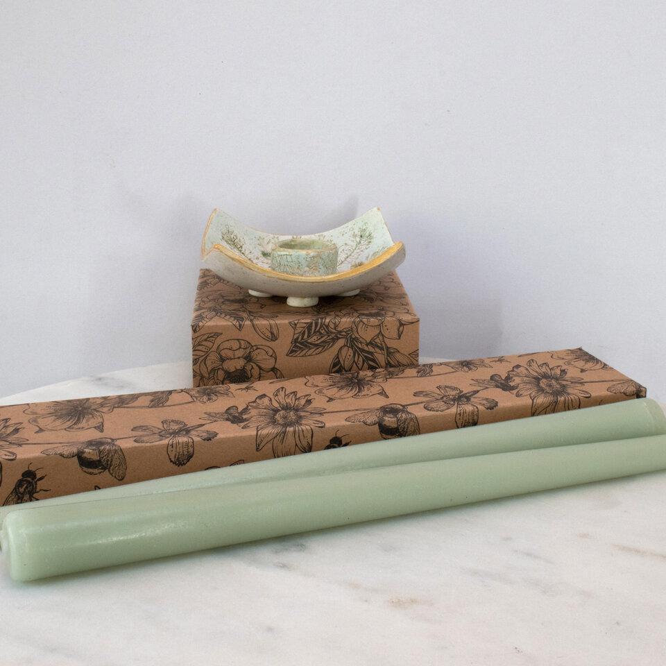 BEESWAX TAPER CANDLES WITH WILDFLOWER DISH IN MINTY SAGE GREEN