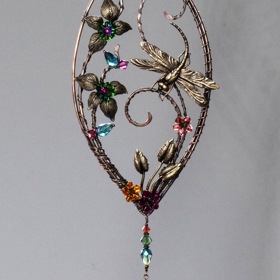 DRAGONFLY GARDEN SWAROVSKI CRYSTAL WINDOW SUNCATCHER IN MIXED METALS