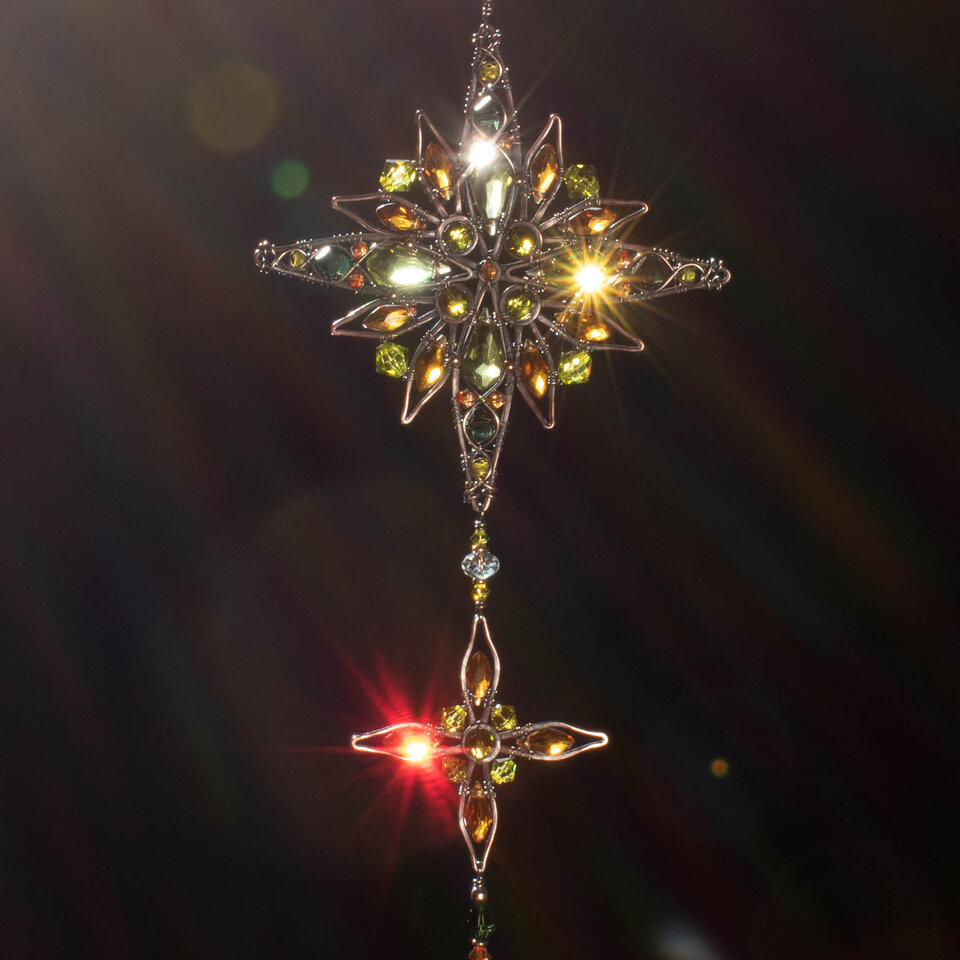 ORNATE MANDALA OLIVE & AMBER CRYSTAL WINDOW SUNCATCHER IN COPPER & BRONZE