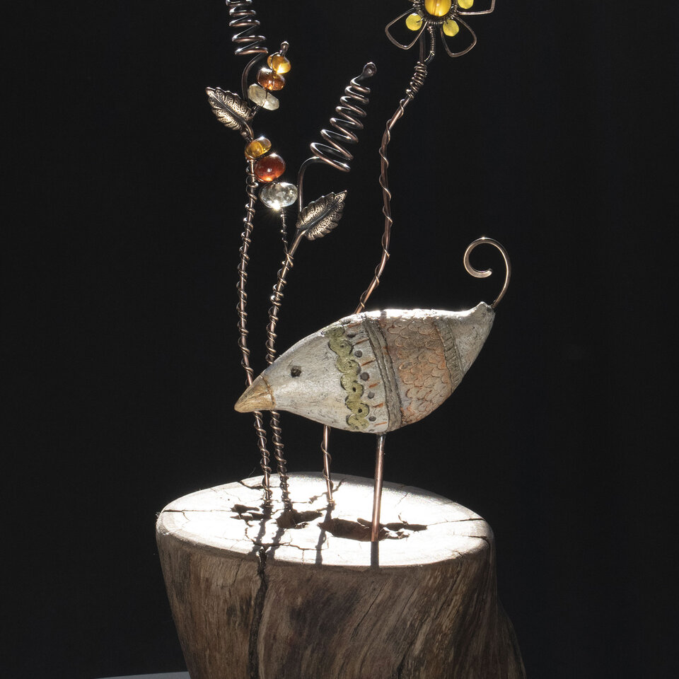 WHIMSICAL CERAMIC BIRD WITH GEMSTONE FLOWERS ON A LOG ... WINDOWSILL SUNCATCHER