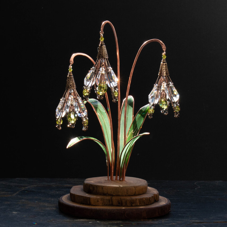 'RESERVED" BOUQUET OF CRYSTAL SNOWDROPS WITH RESIN LEAVES ON A WOOD SLICE STAND  ... IKEBANA INSPIRED WINDOWSILL SUNCATCHER