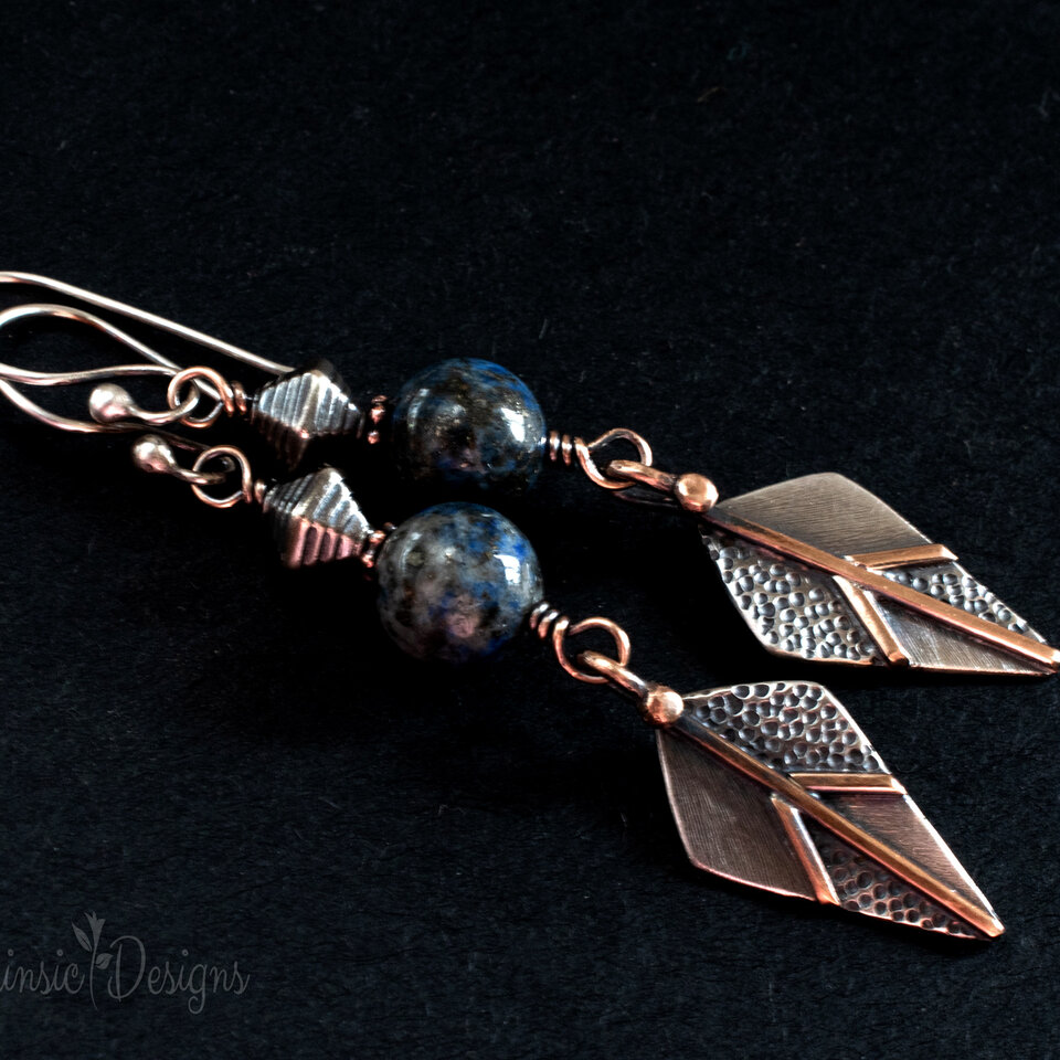 LAPIS LAZULI DANGLE EARRINGS IN STERLING SILVER AND BRONZE WITH STERLING SILVER EAR WIRES