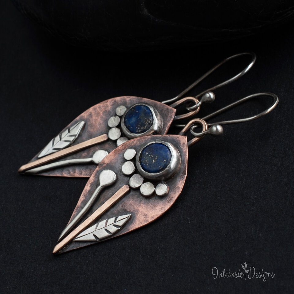LAPIS LAZULI DANGLE FLORAL EARRINGS IN COPPER, STERLING SILVER AND BRONZE WITH STERLING SILVER EAR WIRES