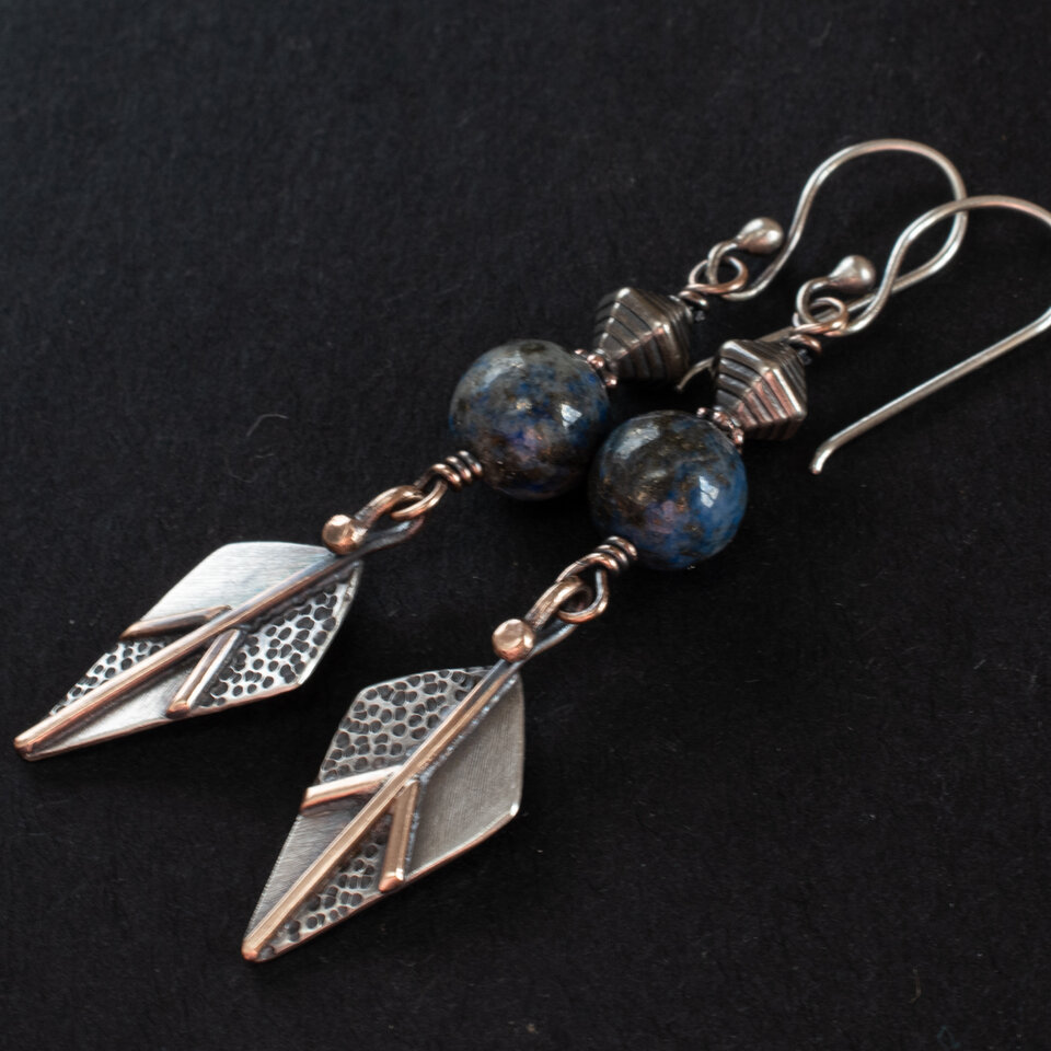 LAPIS LAZULI DANGLE EARRINGS IN STERLING SILVER AND BRONZE WITH STERLING SILVER EAR WIRES
