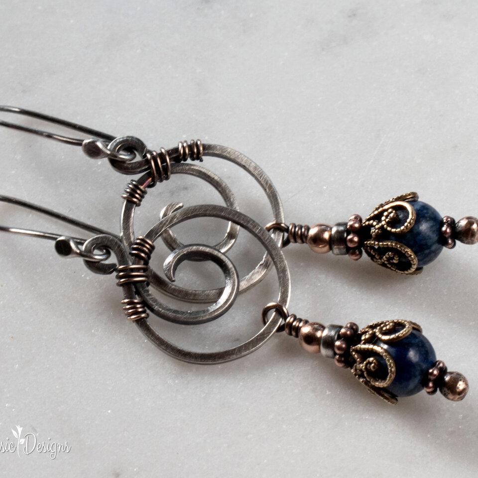 LAPIS LAZULI SPIRAL EARRINGS IN STERLING SILVER AND MIXED METALS WITH STERLING SILVER EAR WIRES