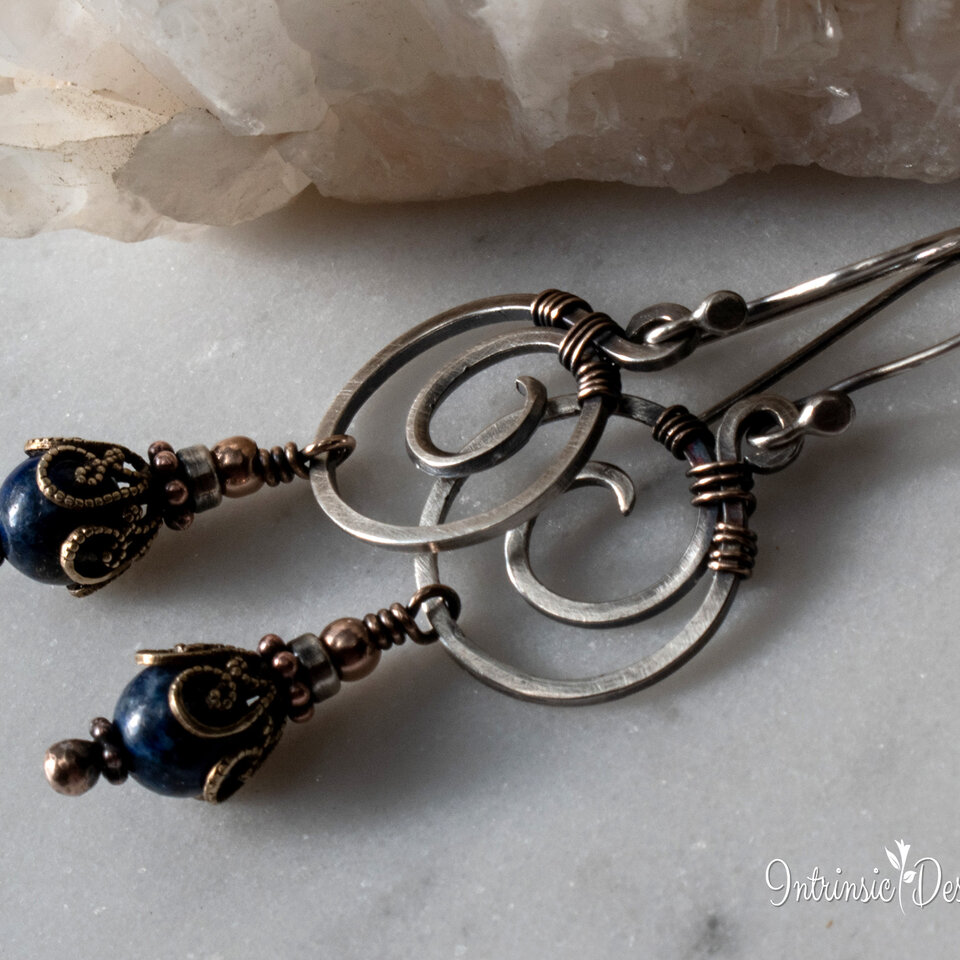 LAPIS LAZULI SPIRAL EARRINGS IN STERLING SILVER AND MIXED METALS WITH STERLING SILVER EAR WIRES