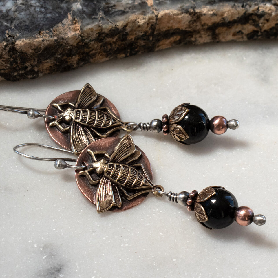 BEE AND BLACK HYPERSTHENE EARRINGS IN MIXED METALS WITH 935 ARGENTIUM SILVER EAR WIRES