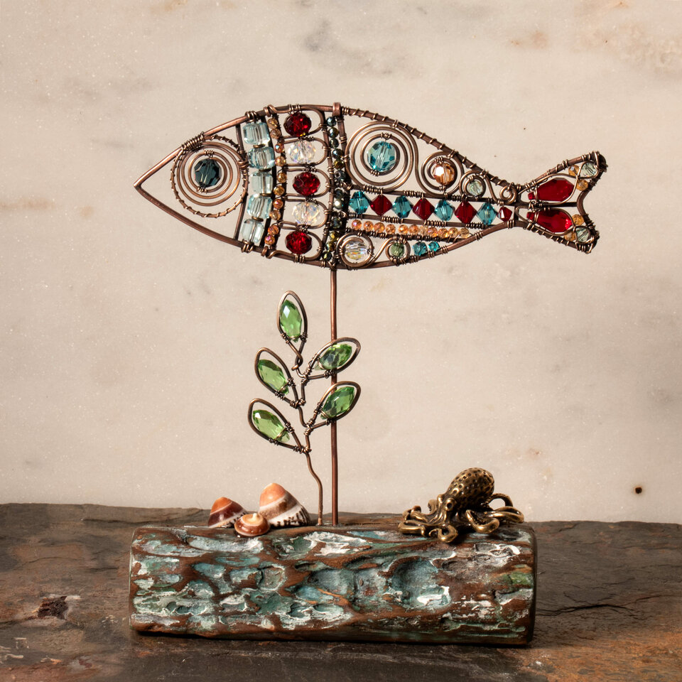 FISH, BRASS OCTOPUS AND SHELLS ON DRIFTWOOD WITH SWAROVSKI AND AUSTRIAN CRYSTALS ....  WINDOWSILL SUNCATCHER