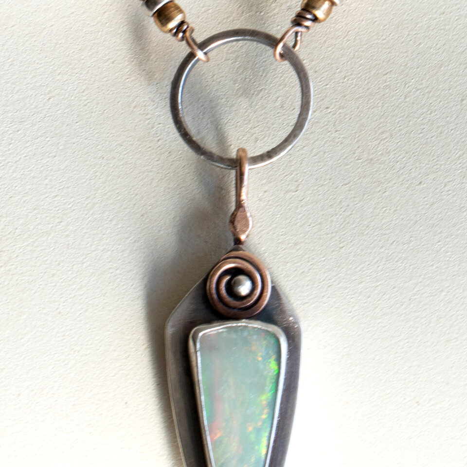 ELONGATED AUSTRALIAN SOLID OPAL STERLING SILVER AND MIXED METAL NECKLACE