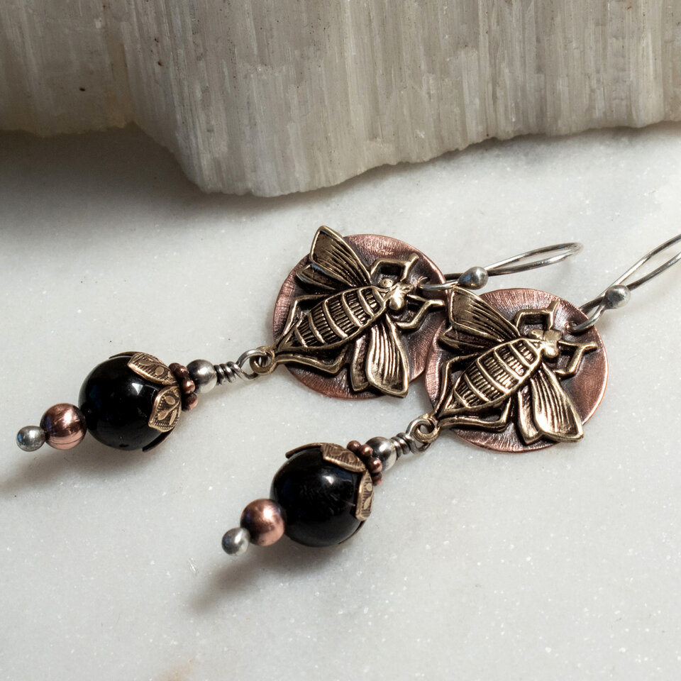 BEE AND BLACK HYPERSTHENE EARRINGS IN MIXED METALS WITH 935 ARGENTIUM SILVER EAR WIRES