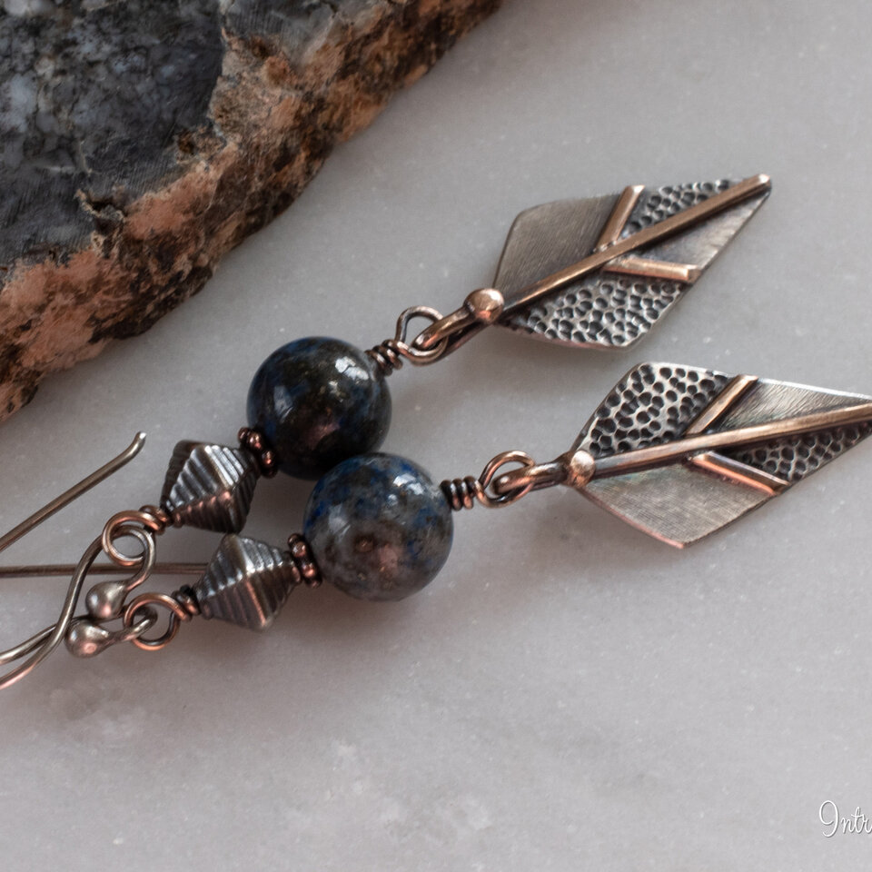 LAPIS LAZULI DANGLE EARRINGS IN STERLING SILVER AND BRONZE WITH STERLING SILVER EAR WIRES