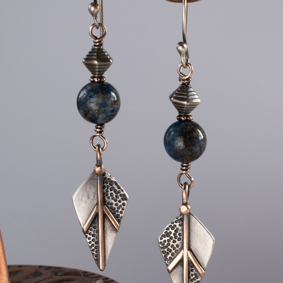 LAPIS LAZULI DANGLE EARRINGS IN STERLING SILVER AND BRONZE WITH STERLING SILVER EAR WIRES