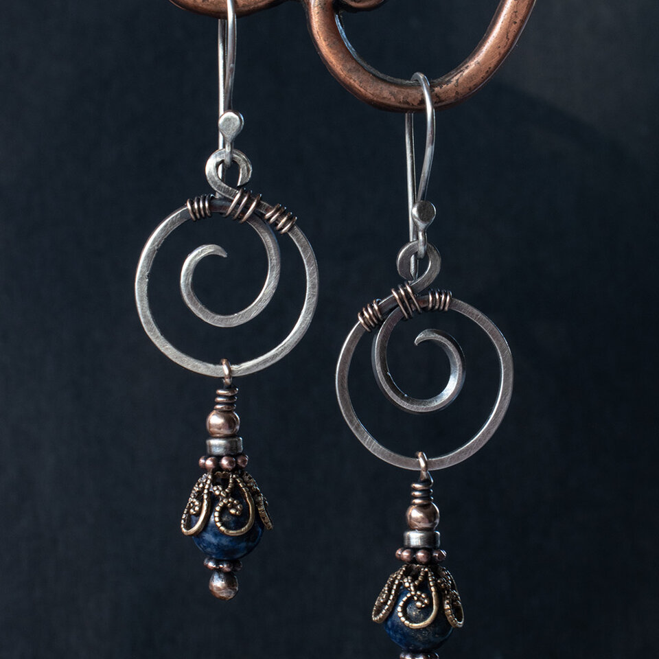 LAPIS LAZULI SPIRAL EARRINGS IN STERLING SILVER AND MIXED METALS WITH STERLING SILVER EAR WIRES
