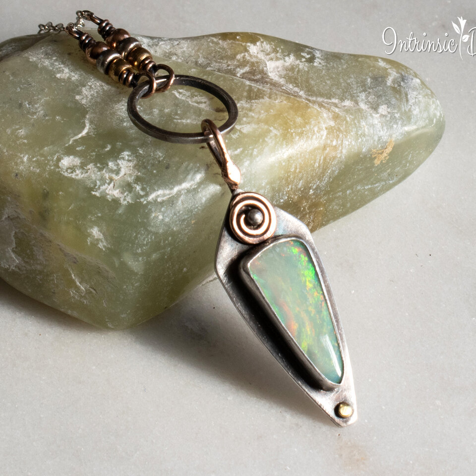 ELONGATED AUSTRALIAN SOLID OPAL STERLING SILVER AND MIXED METAL NECKLACE