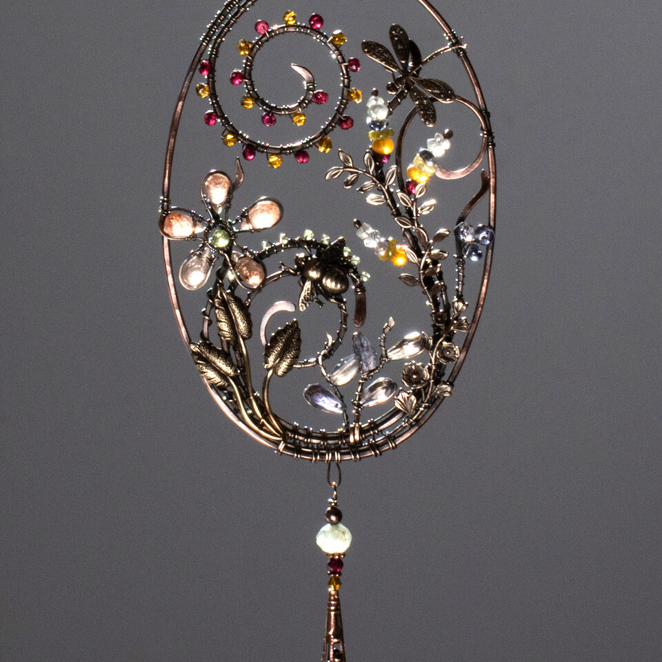 DRAGONFLY & BEE GEMSTONE WINDOW SUNCATCHER IN MIXED METALS WITH A SWAROVSKI CRYSTAL PENDANT