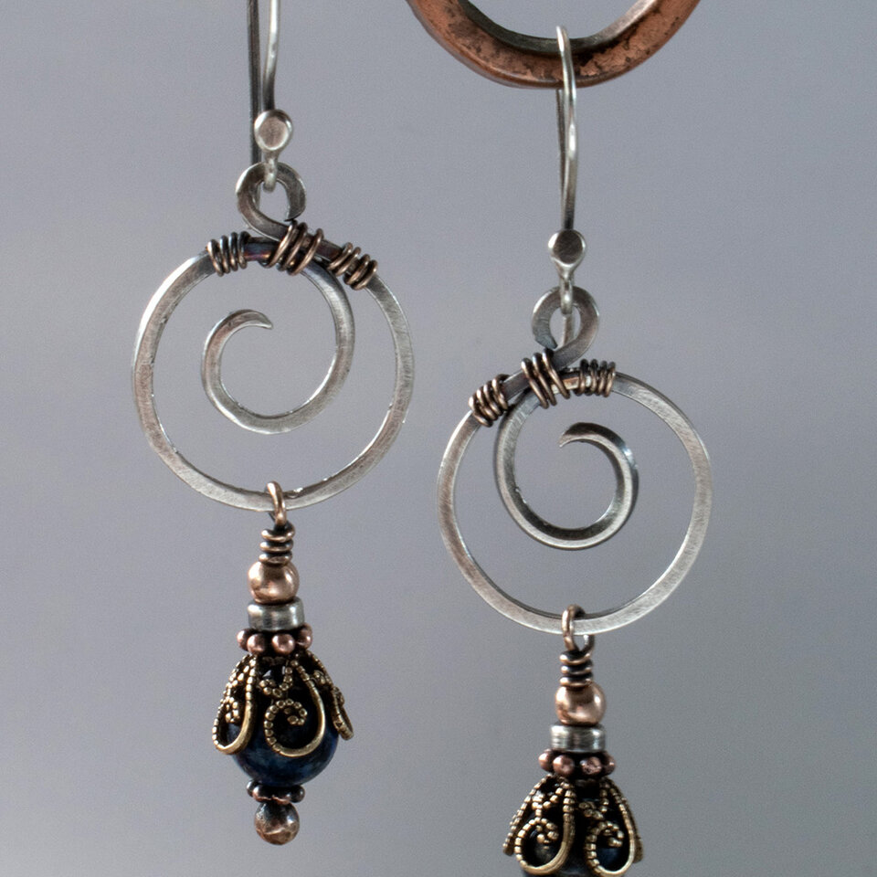 LAPIS LAZULI SPIRAL EARRINGS IN STERLING SILVER AND MIXED METALS WITH STERLING SILVER EAR WIRES