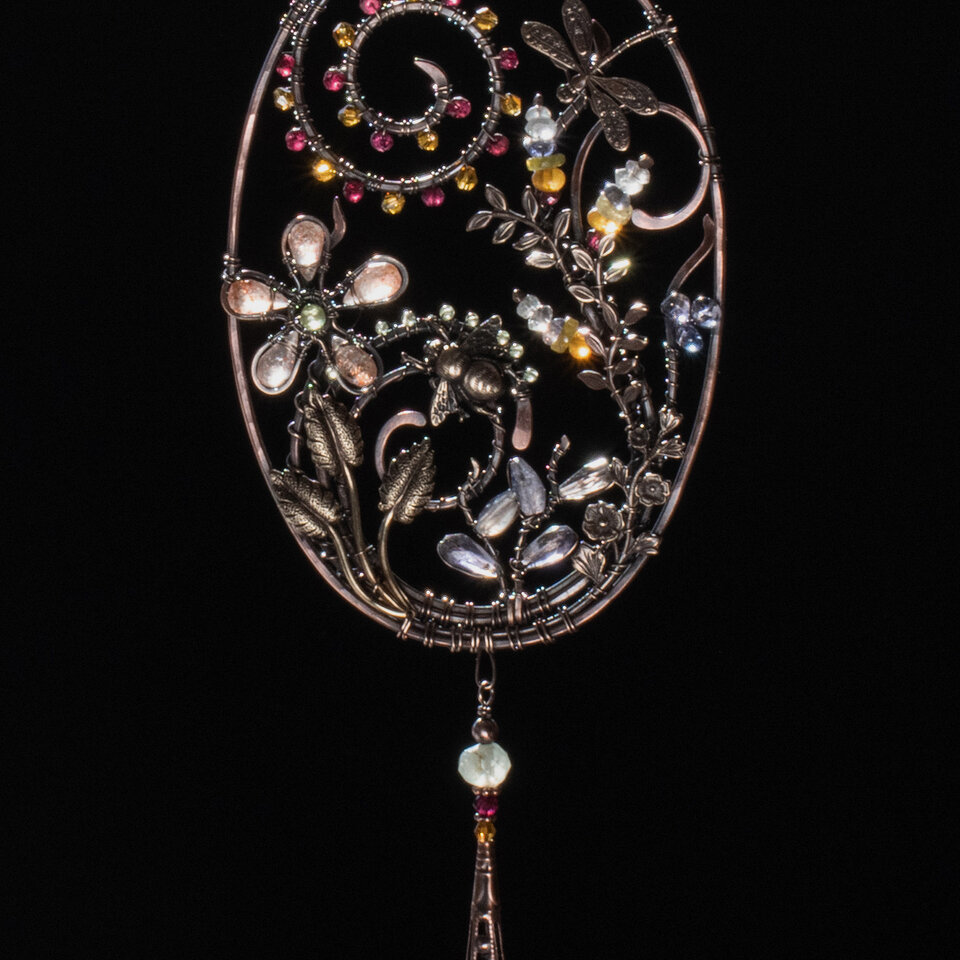 DRAGONFLY & BEE GEMSTONE WINDOW SUNCATCHER IN MIXED METALS WITH A SWAROVSKI CRYSTAL PENDANT