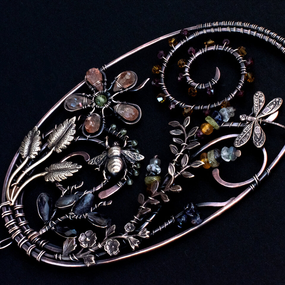 DRAGONFLY & BEE GEMSTONE WINDOW SUNCATCHER IN MIXED METALS WITH A SWAROVSKI CRYSTAL PENDANT