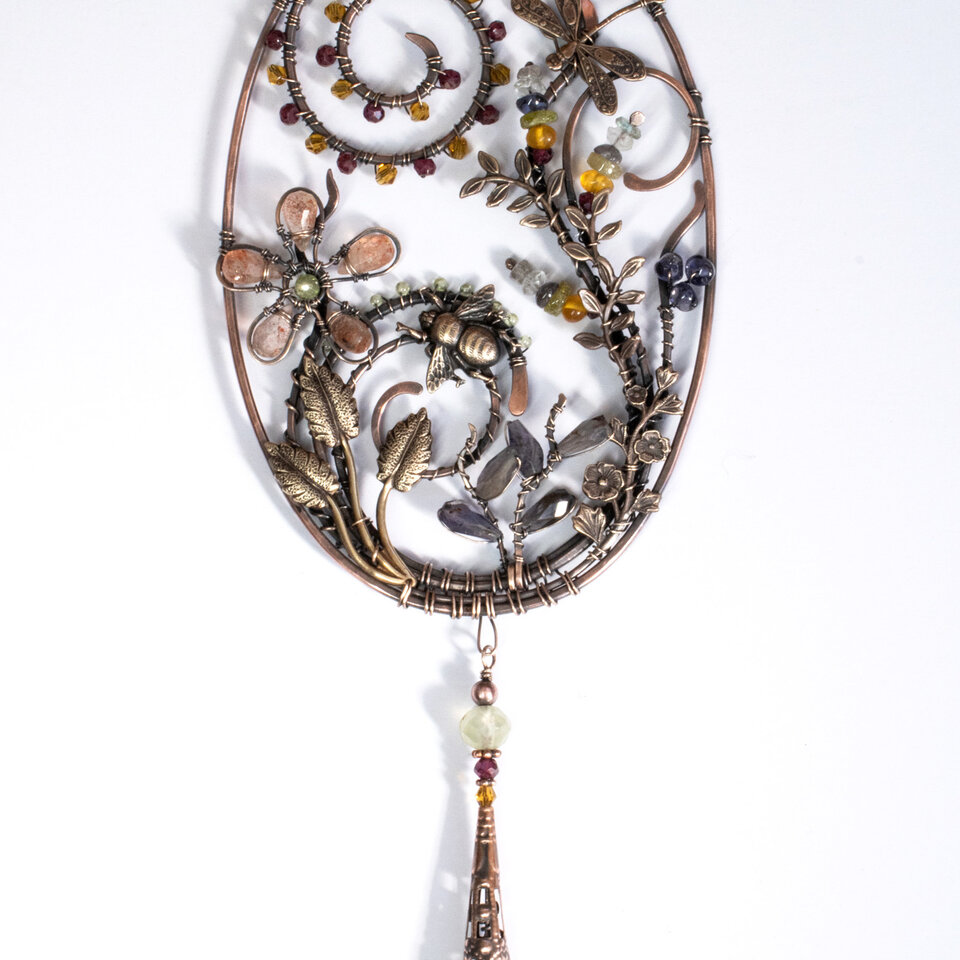 DRAGONFLY & BEE GEMSTONE WINDOW SUNCATCHER IN MIXED METALS WITH A SWAROVSKI CRYSTAL PENDANT