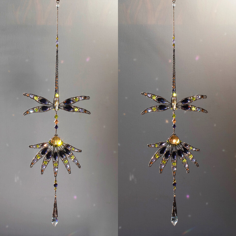 RESERVED FOR AMBER ..... DRAGONFLY AND ECHINACEA FLOWER CRYSTAL WINDOW SUNCATCHER IN COPPER & BRONZE