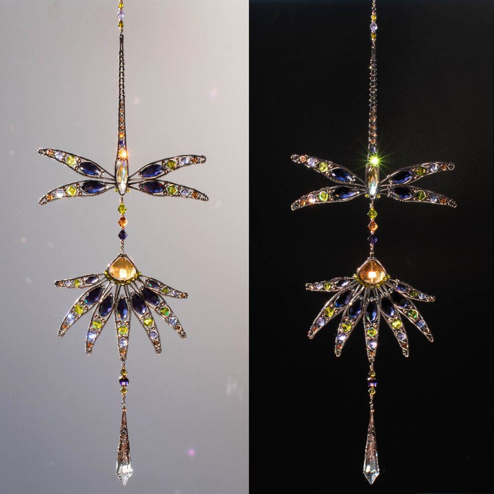 RESERVED FOR AMBER ..... DRAGONFLY AND ECHINACEA FLOWER CRYSTAL WINDOW SUNCATCHER IN COPPER & BRONZE