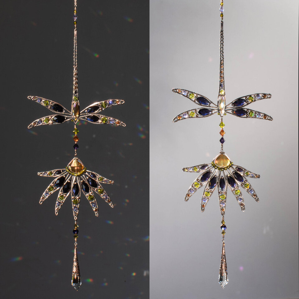 RESERVED FOR AMBER ..... DRAGONFLY AND ECHINACEA FLOWER CRYSTAL WINDOW SUNCATCHER IN COPPER & BRONZE