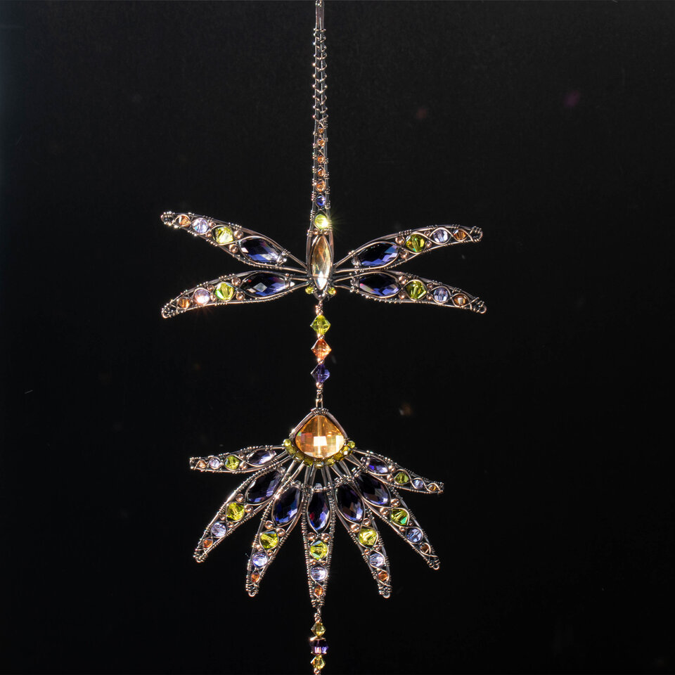 RESERVED FOR AMBER ..... DRAGONFLY AND ECHINACEA FLOWER CRYSTAL WINDOW SUNCATCHER IN COPPER & BRONZE