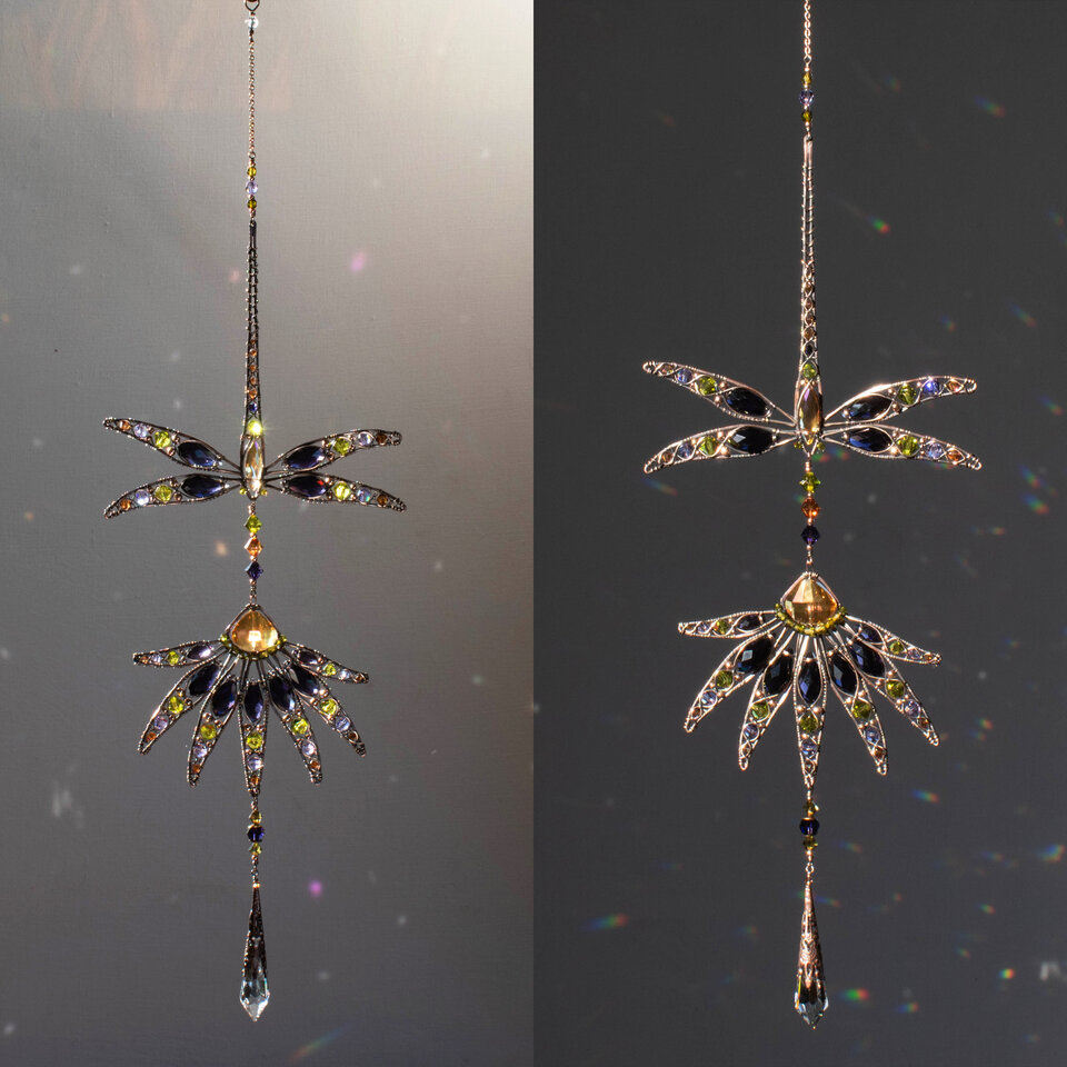 RESERVED FOR AMBER ..... DRAGONFLY AND ECHINACEA FLOWER CRYSTAL WINDOW SUNCATCHER IN COPPER & BRONZE