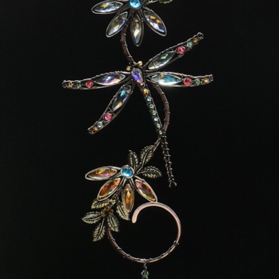 DRAGONFLY SWAROVSKI CRYSTAL WINDOW SUNCATCHER IN PEACH, GOLDEN YELLOW, TURQUOISE & GREEN WITH MIXED METALS