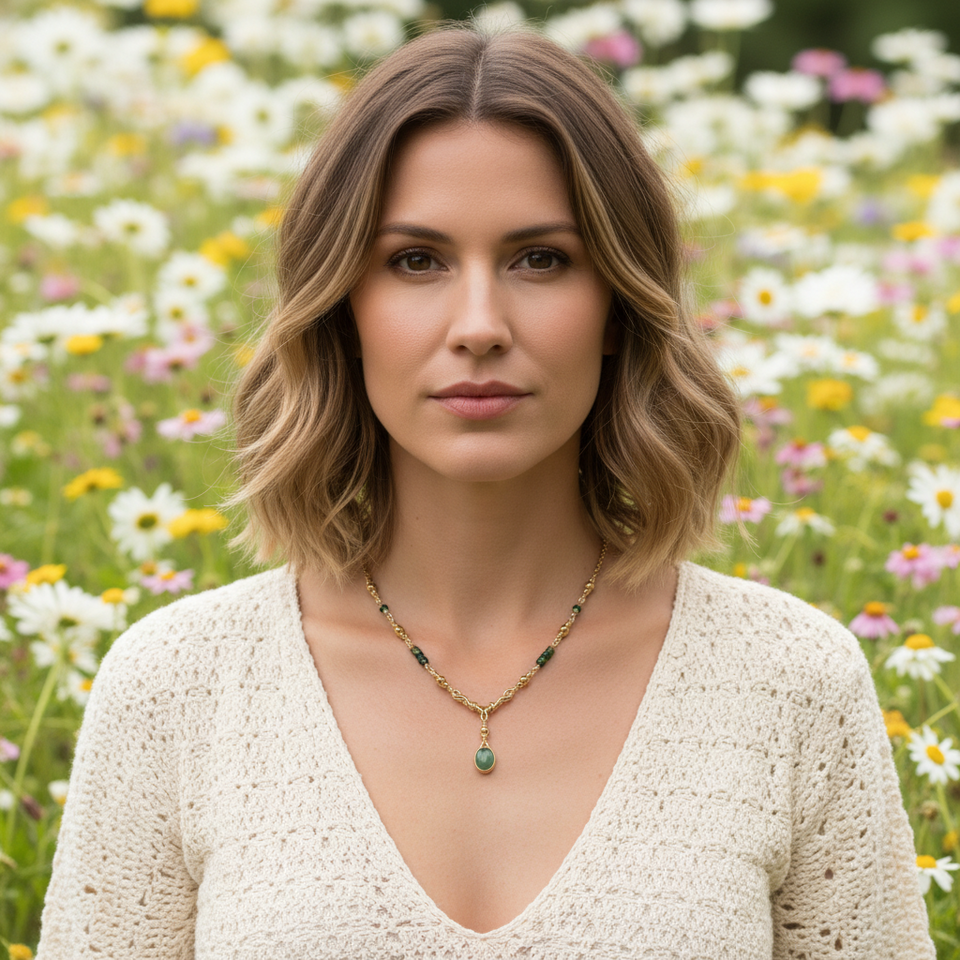 PREHNITE & TOURMALINE CHOKER NECKLACE IN MIXED METALS.