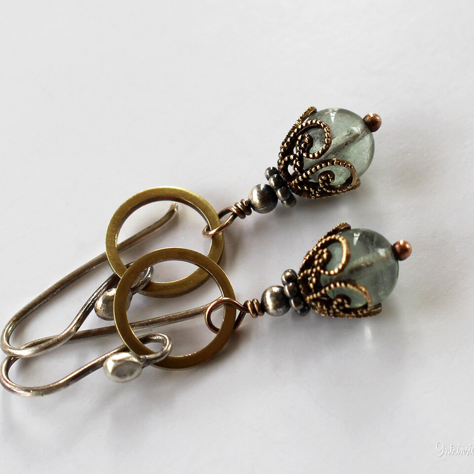 SEAFOAM FLUORITE FILIGREE EARRINGS IN MIXED METALS WITH STERLING SILVER EAR WIRES