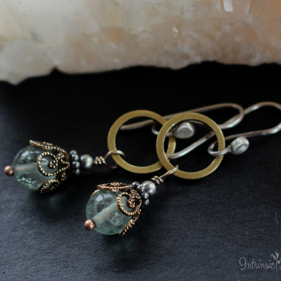 SEAFOAM FLUORITE FILIGREE EARRINGS IN MIXED METALS WITH STERLING SILVER EAR WIRES