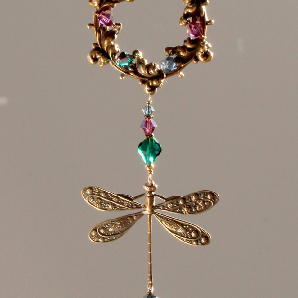 AUBERGINE, EMERALD AND MOUNTAIN BLUE DRAGONFLY SWAROVSKI CRYSTAL WINDOW SUNCATCHER WITH FLORAL FRAME
