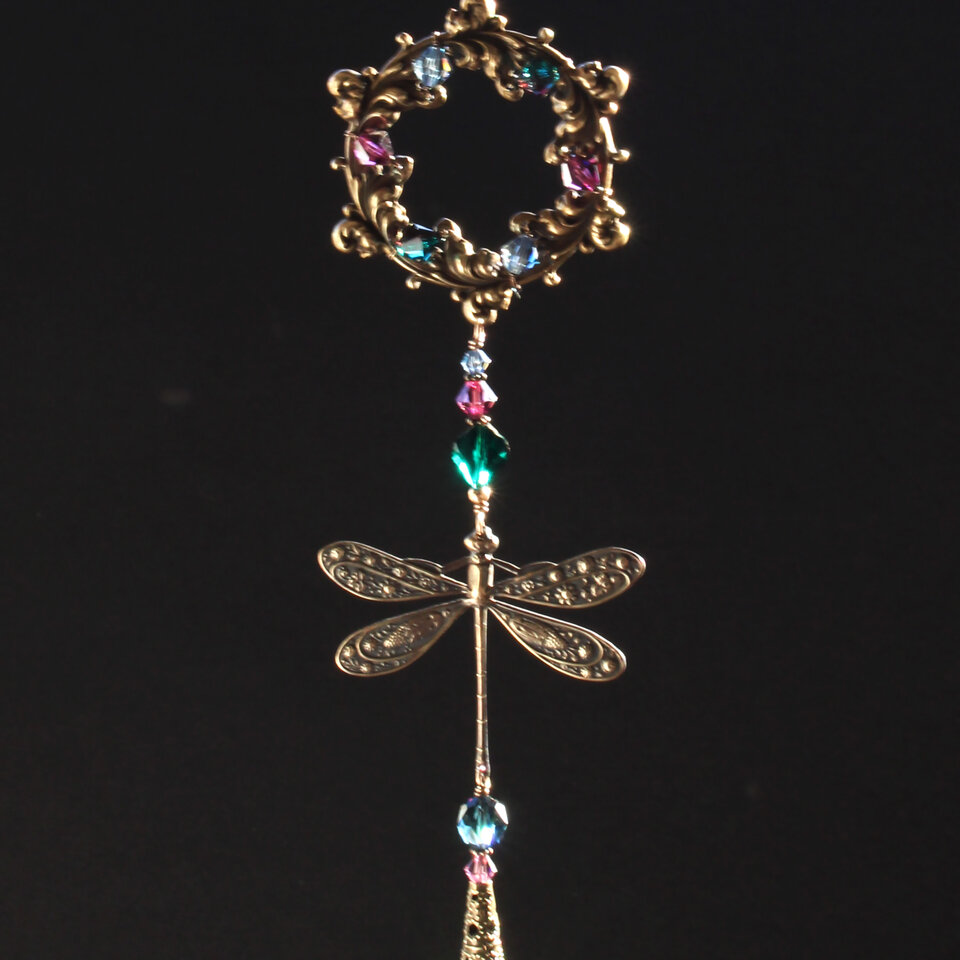AUBERGINE, EMERALD AND MOUNTAIN BLUE DRAGONFLY SWAROVSKI CRYSTAL WINDOW SUNCATCHER WITH FLORAL FRAME