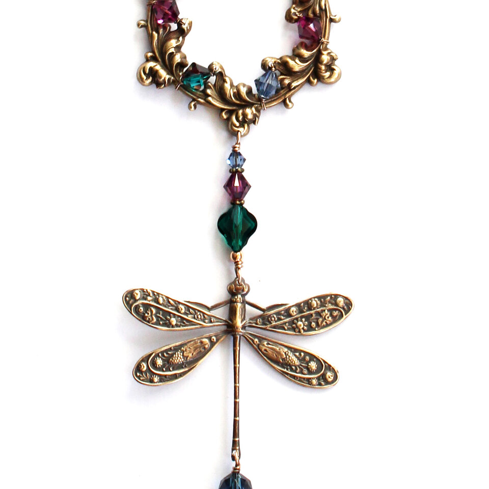 AUBERGINE, EMERALD AND MOUNTAIN BLUE DRAGONFLY SWAROVSKI CRYSTAL WINDOW SUNCATCHER WITH FLORAL FRAME