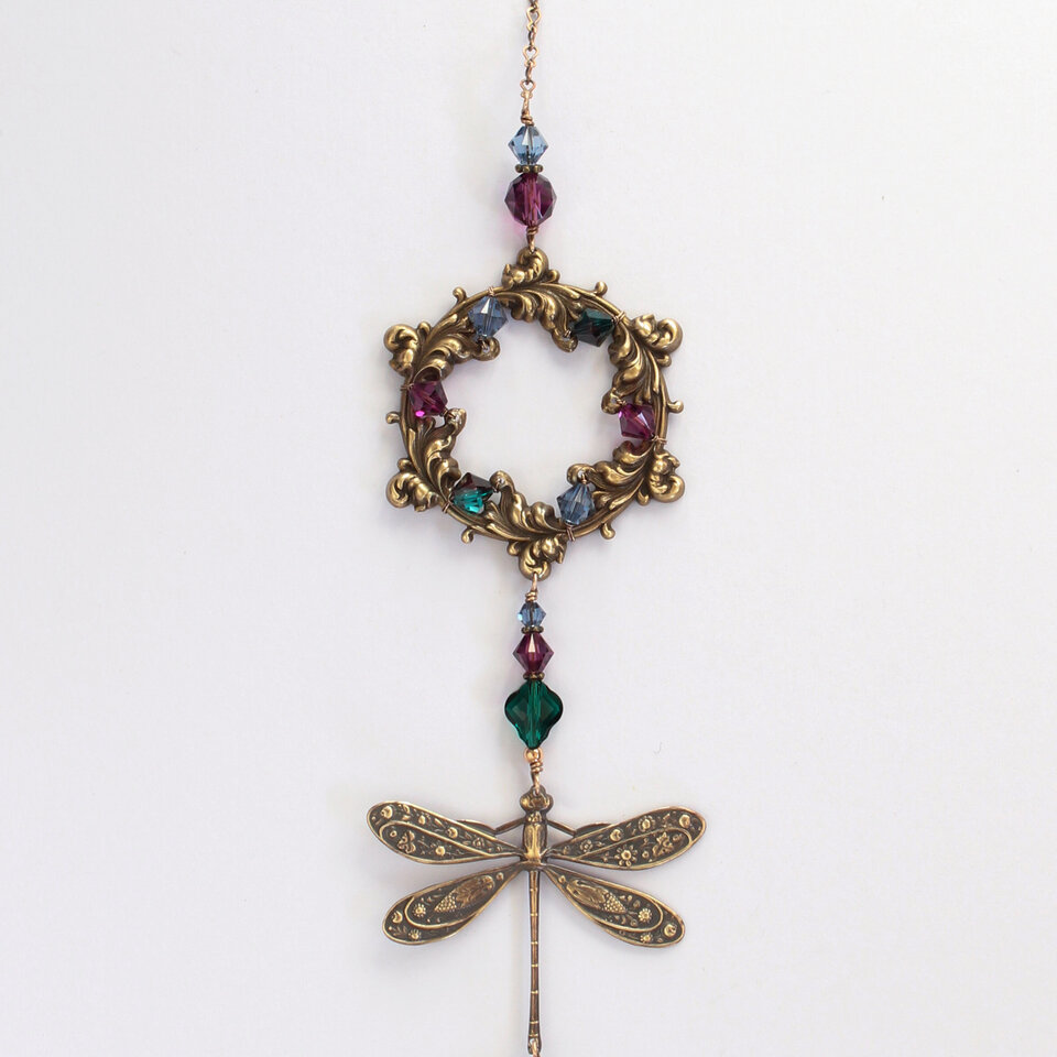 AUBERGINE, EMERALD AND MOUNTAIN BLUE DRAGONFLY SWAROVSKI CRYSTAL WINDOW SUNCATCHER WITH FLORAL FRAME