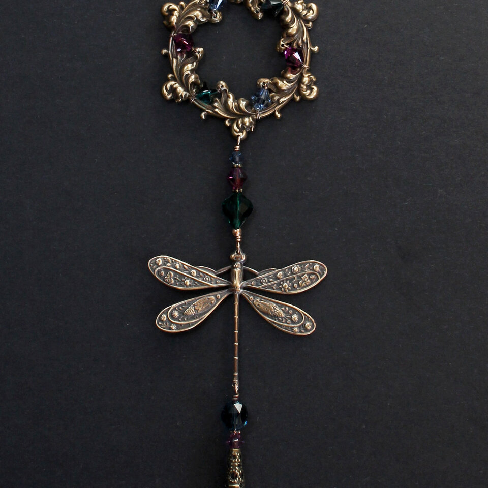 AUBERGINE, EMERALD AND MOUNTAIN BLUE DRAGONFLY SWAROVSKI CRYSTAL WINDOW SUNCATCHER WITH FLORAL FRAME