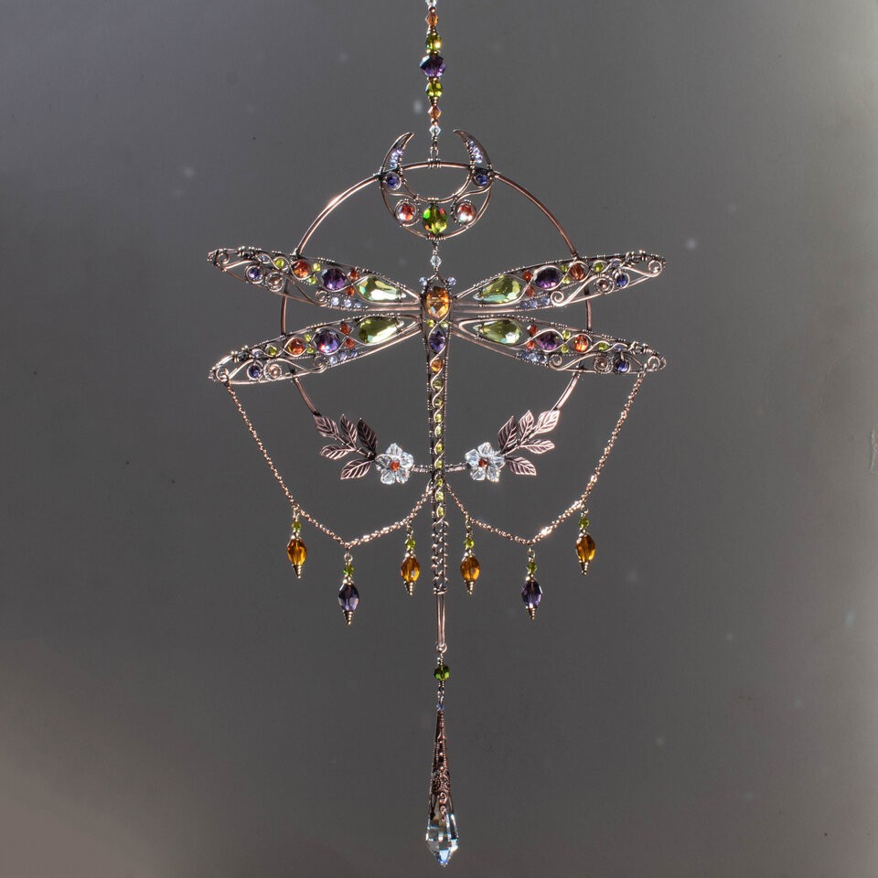 RESERVED FOR TONI ANN ....  LARGE DRAGONFLY MOON ... MIXED CRYSTAL WINDOW SUNCATCHER