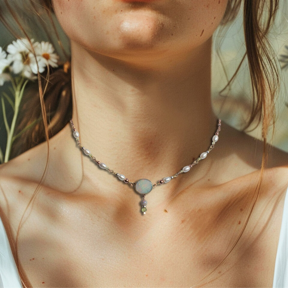 AUSTRALIAN OPAL & FRESHWATER PEARL CHOKER NECKLACE WITH AN ADDED EXTENDER IN MIXED METALS.