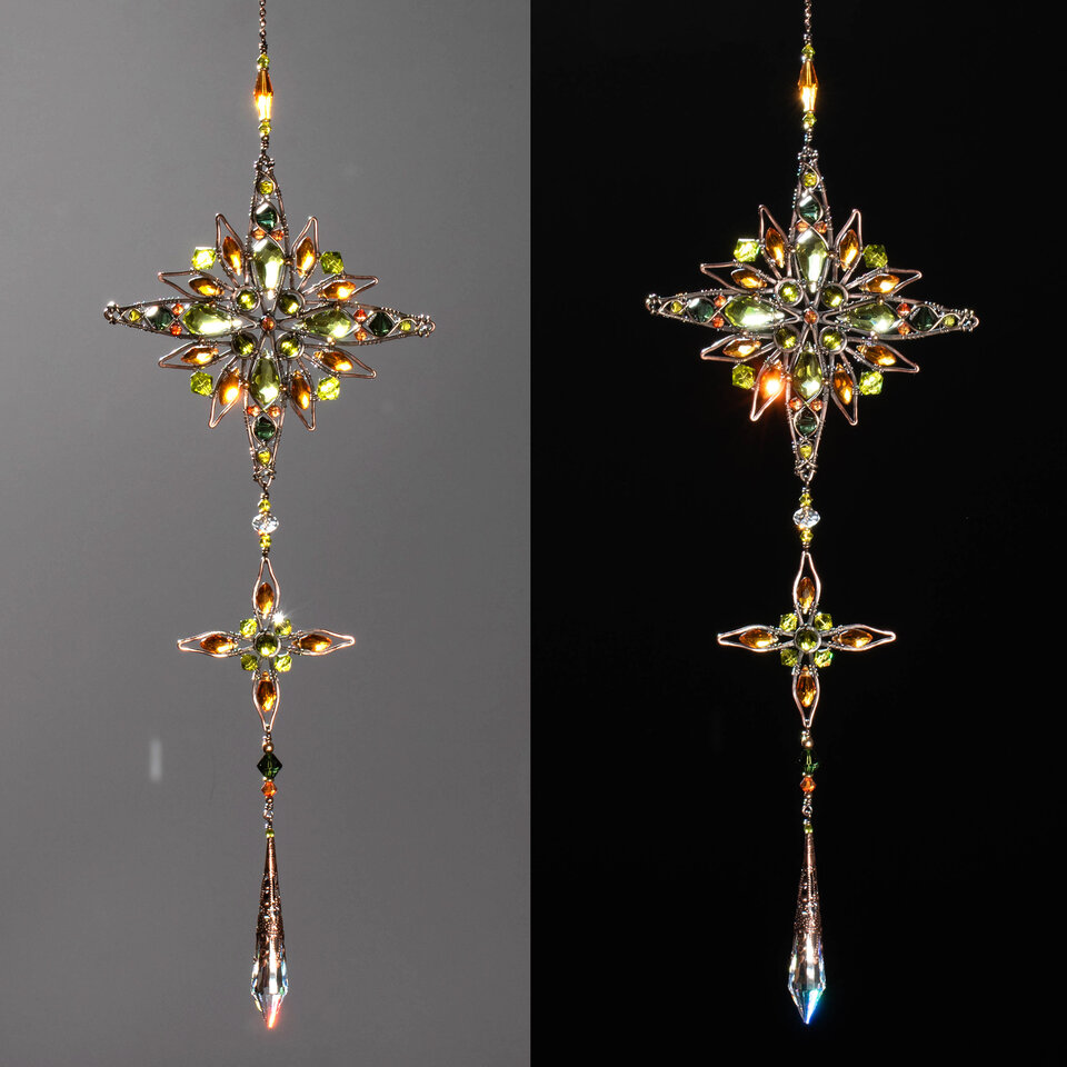 ORNATE MANDALA OLIVE & AMBER CRYSTAL WINDOW SUNCATCHER IN COPPER & BRONZE