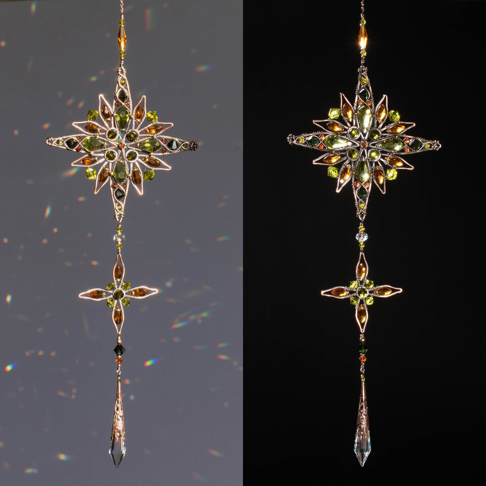 ORNATE MANDALA OLIVE & AMBER CRYSTAL WINDOW SUNCATCHER IN COPPER & BRONZE