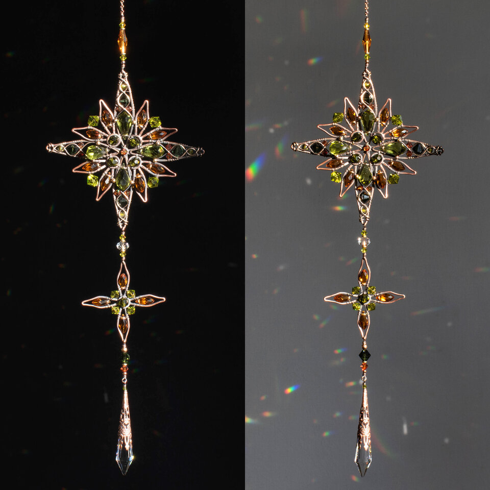 ORNATE MANDALA OLIVE & AMBER CRYSTAL WINDOW SUNCATCHER IN COPPER & BRONZE