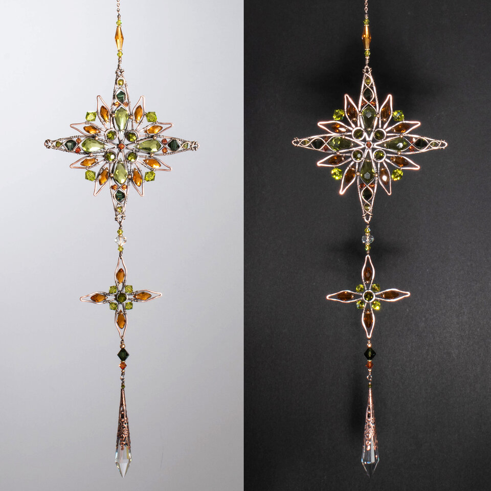 ORNATE MANDALA OLIVE & AMBER CRYSTAL WINDOW SUNCATCHER IN COPPER & BRONZE