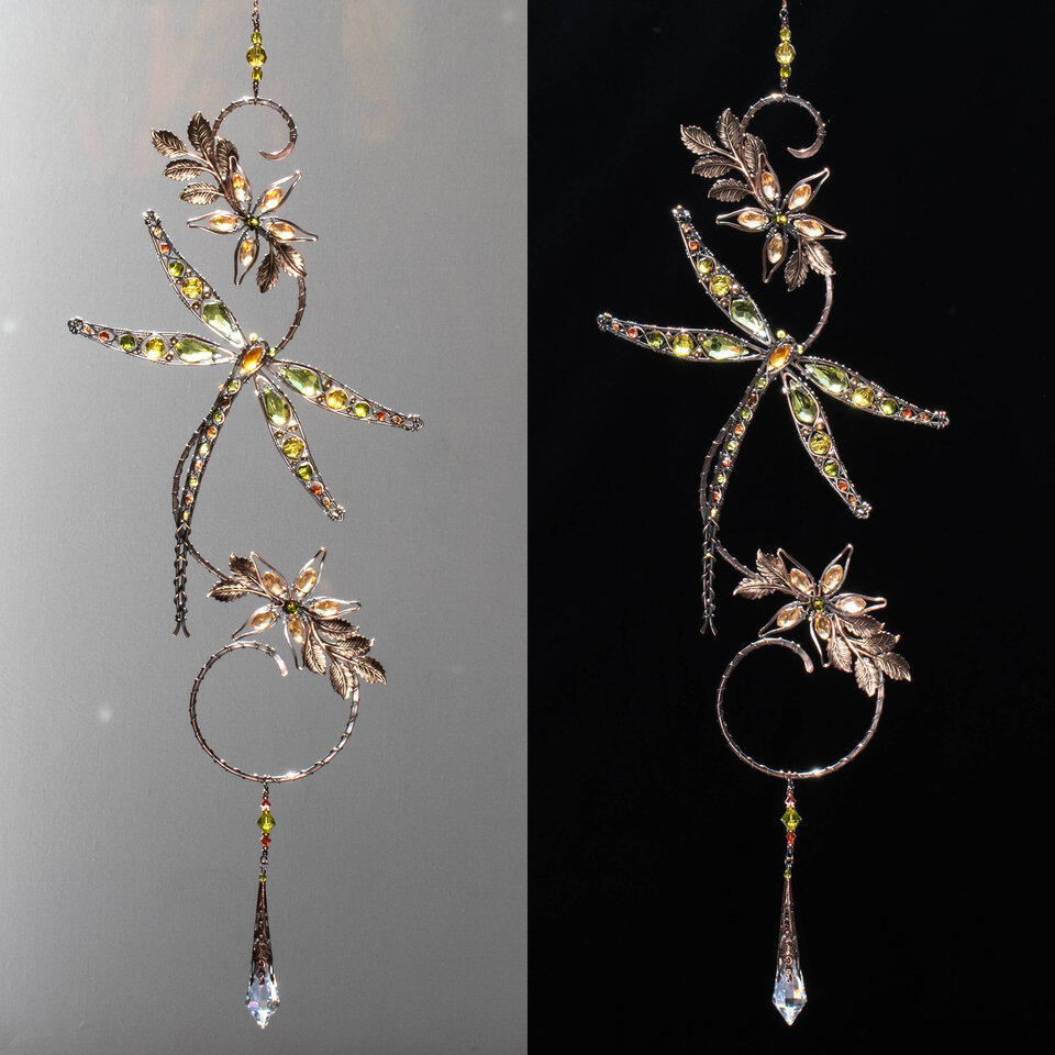 OLIVE DRAGONFLY ON A BRANCH WINDOW SUNCATCHER WITH SWAROVSKI CRYSTALS AND MIXED METALS