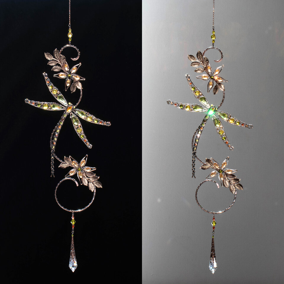 OLIVE DRAGONFLY ON A BRANCH WINDOW SUNCATCHER WITH SWAROVSKI CRYSTALS AND MIXED METALS
